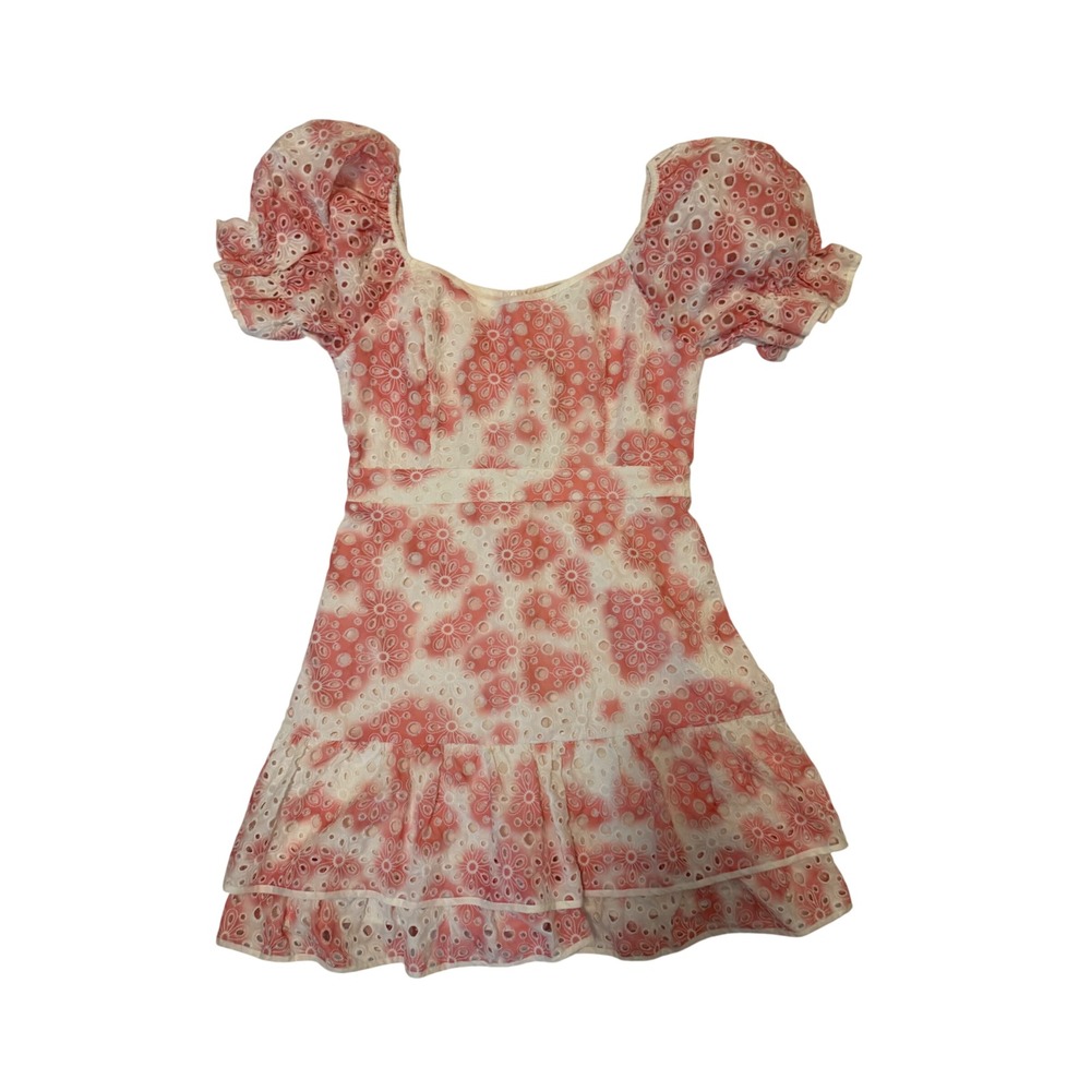 Stellah Pink White Eyelet Lace‎ Puff Sleeve Tiered Mini Dress Medium Cotton